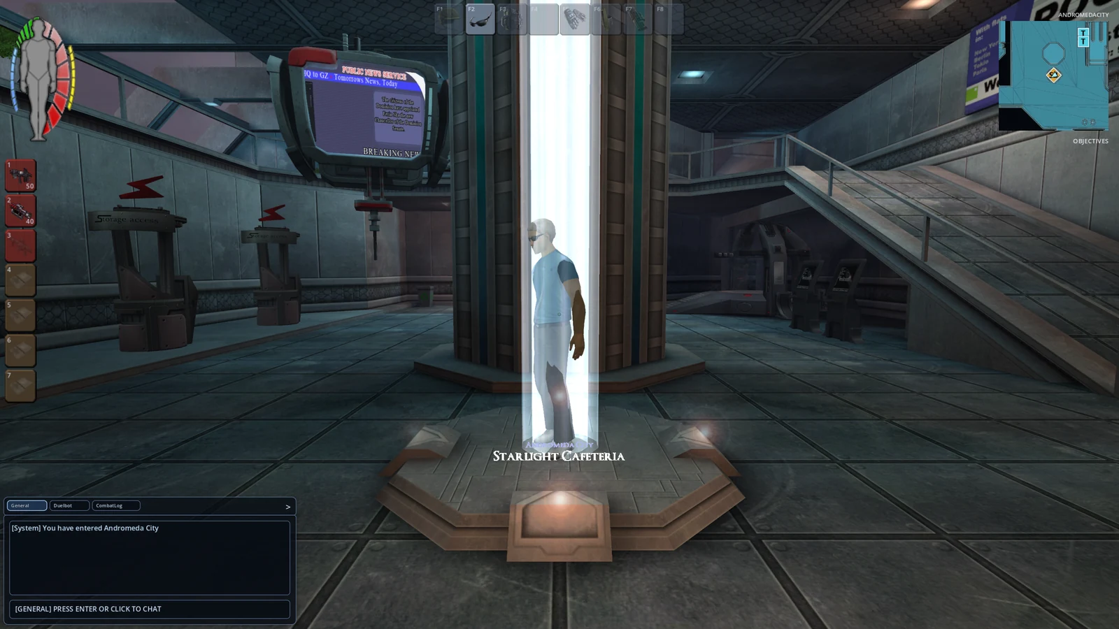 A PCS character at the Starlight Cafeteria spawn portal in Andromeda